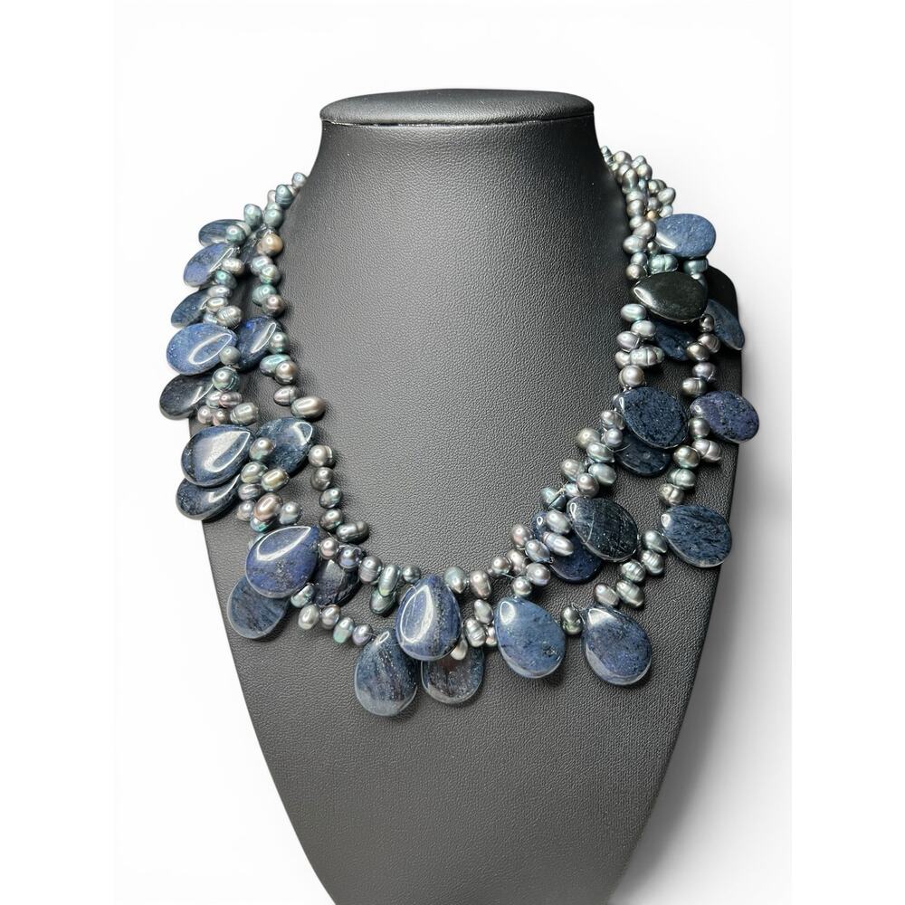 LOFT Blue Stone & Gray Pearl Multi Strand Statement Necklace NWT
